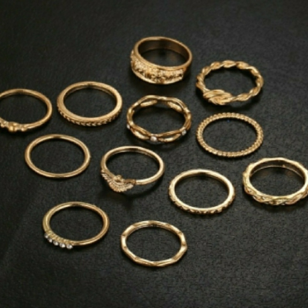 12 Ring Set Bohemian Gold Stackable - Picture 3 of 5